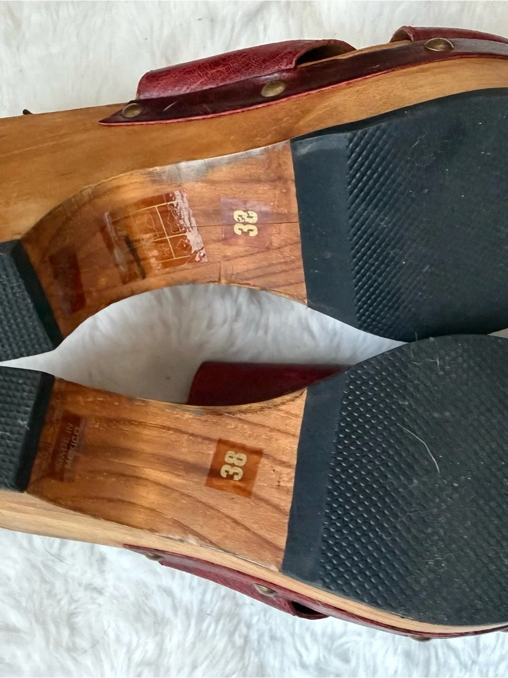 Cordani Burgundy Leather Platform Clogs with Wood-Look Wedge Size 38